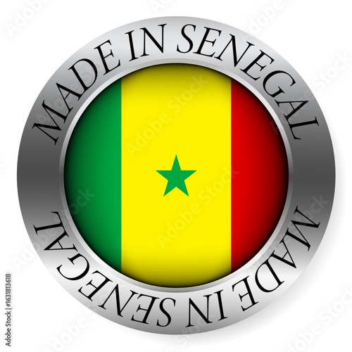 Made in Senegal button icon. Circular emblem with metallic border, glossy central flag, and bilingual label indicating product origin and international manufacturing identity.