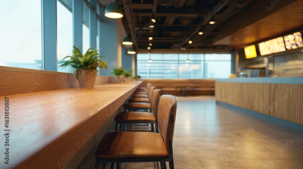 Naklejka premium A sunlit, minimalist cafe with wooden decor whispers serenity, perfect for Slow Food Day or Hygge-inspired gatherings