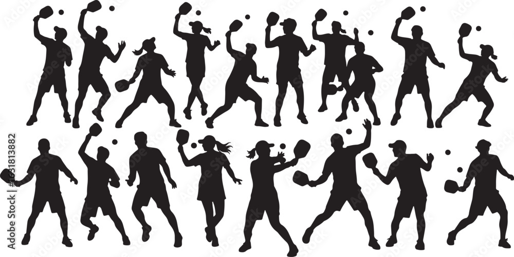 Fototapeta premium Silhouettes of people playing pickleball sport recreation, pickleball, sport, recreation, active, people, silhouettes, black and white, athletic, players, game, outdoor, action, movement, fitness, hea