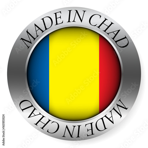 Made in Chad button icon. Circular emblem with metallic border, glossy central flag, and bilingual label indicating product origin and international manufacturing identity.