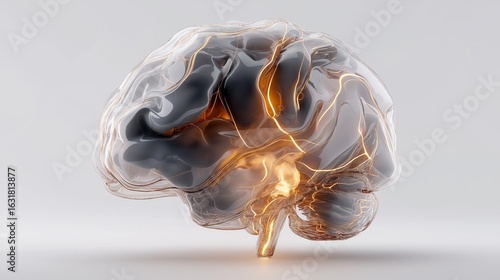 Detailed Medical Visualization of Brain Tumor in 3D with Illuminated Affected Zone on White Background