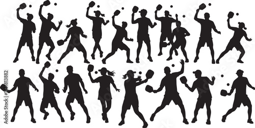 Silhouettes of people playing pickleball sport recreation, pickleball, sport, recreation, active, people, silhouettes, black and white, athletic, players, game, outdoor, action, movement, fitness, hea