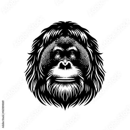 Illustration of an orangutan isolated on white background in black and white
