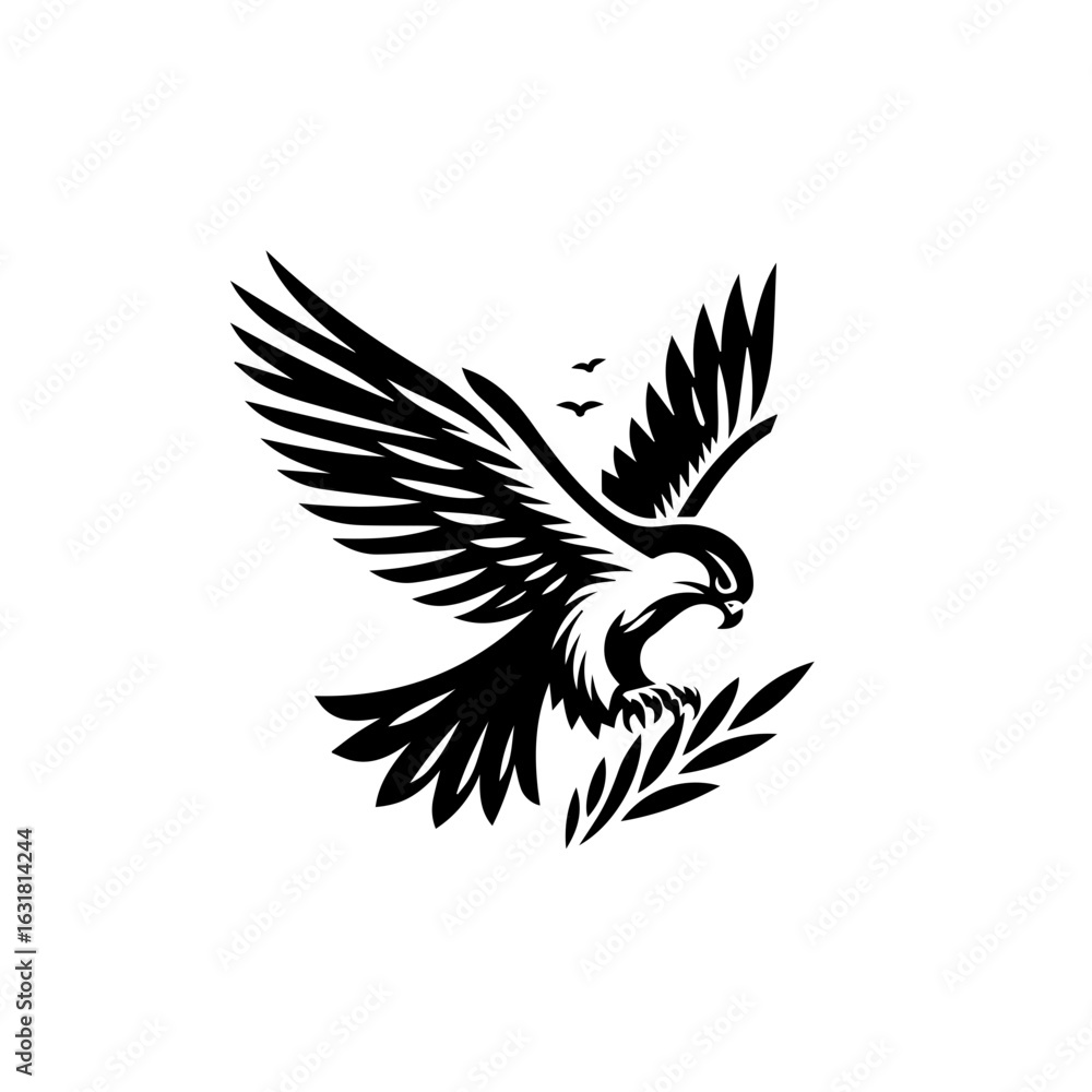 Obraz premium Vector art of majestic eagle in flight with olive branch isolated on white background