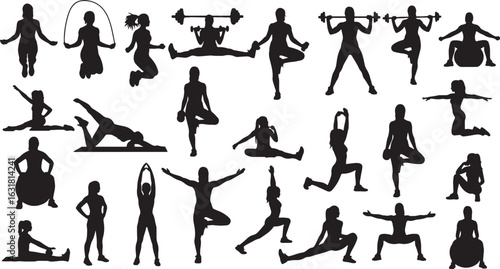 Silhouettes of women exercising with weights and equipment, female, fitness, exercise, workout, gym, strength training, yoga, stretching, jumping rope, aerobics, weightlifting, balance, flexibility, a