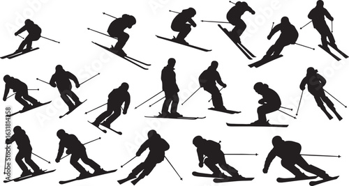 Skiers in motion on white background skiing winter sports, skiing, skiers, winter sports, action, motion, silhouette, black and white, downhill skiing, snow sports, athletic, active, recreation, sport