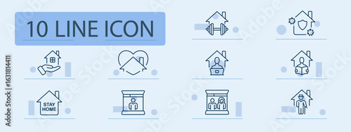 Stay home and quarantine set icon. House, shield, virus, gym, work, learning, reading, safety, care, booth, and doctor outline visuals related to indoor life and health protocols