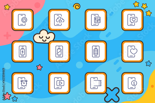 Mobile feature set icon. Several smartphone interface icons displaying power, upload, settings, battery levels, alarms, media play, love reaction, information tag, and ticket stubs in clean outlined