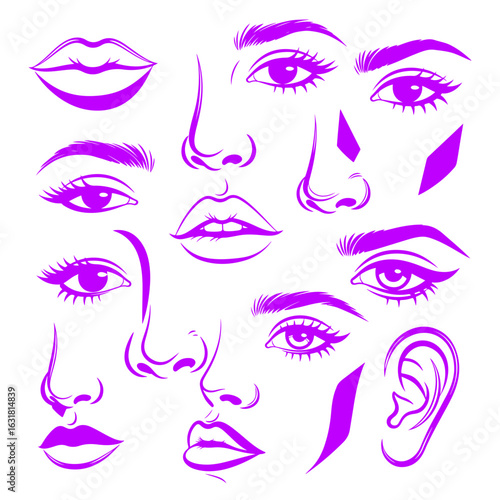 Abstract Purple Facial Features Silhouettes on White Background face eyes