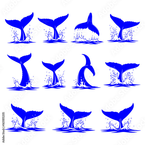 Blue Whale Tails Splashing in Water Set Vector Graphics whale fluke humpback whale