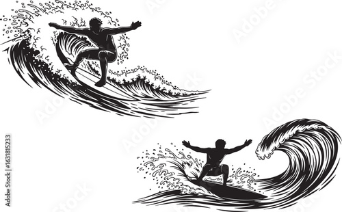 Surfer riding ocean wave action silhouette surfing, surfer, surfing, wave, ocean, water, sport, action, silhouette, black and white, dynamic, movement, splash, spray, outdoors, recreation, adventure, 