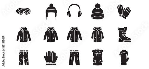 Winter clothing icons and symbols representing cold weather outfits and equipment