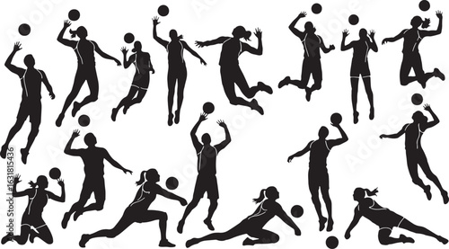 Volleyball players in action silhouettes sport, volleyball, players, action, silhouettes, sport, athletic, jumping, spiking, setting, digging, black, white, dynamic, movement, team, game, competition,