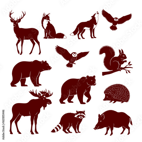 Collection of Forest Animal Silhouettes on White Background deer wolf