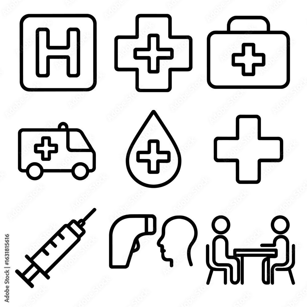 Obraz premium Medical Icons Collection. Outline style icons of Public signage: hospital H square, pharmacy cross, first aid kit sign, ambulance