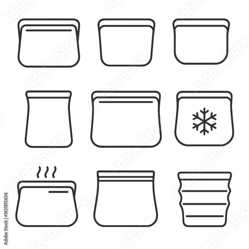 Silicone Food Pouch Icons. Line vector icons of Silicone food pouches: quart silicone bag, sandwich silicone bag, snack silicone