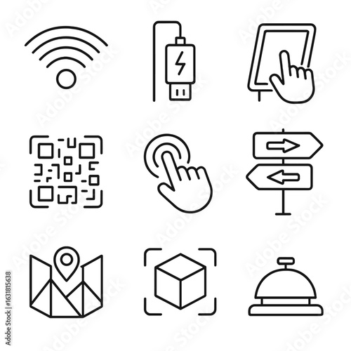 Smart Signage Icons. Outline style icons of Public signage: Wi-Fi hotspot waves, phone charging plug, smart kiosk touchscreen, QR