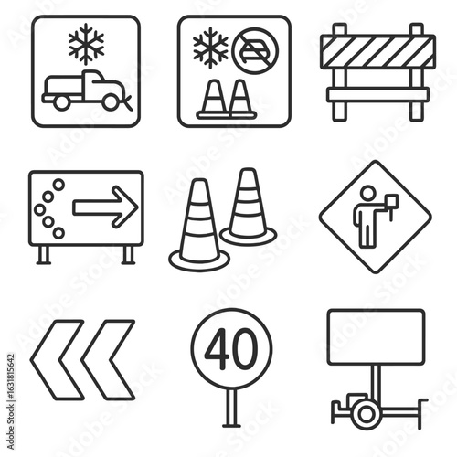 Public Signage Icons. Outline style icons of Public signage: snow removal route, snow route parking ban, road closed barricade,