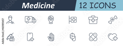 Medicine set icon. Outline icons show medical personnel, ambulance, hospital, bones, injection, bandage, IV, hand injury, first aid box, and healthcare symbols