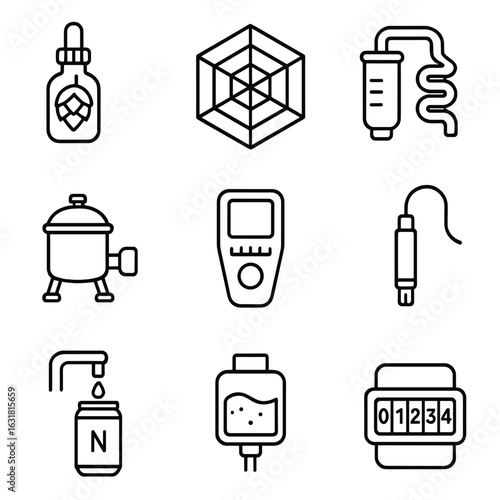 Craft Beer Equipment Icons. Outline style icons of Craft beer: hop oils vial, terpene profile chart, aroma condenser coil,