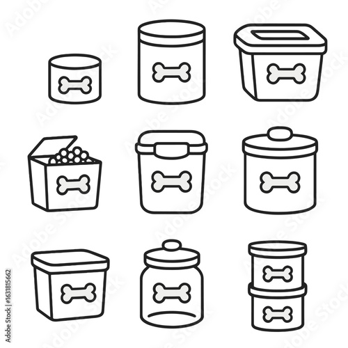 Pet Canister Icons. Line vector icons of Pet food canisters: small pet canister, medium pet canister, large pet canister,