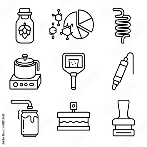Craft Beer Equipment Icons. Outline style icons of Craft beer: hop oils vial, terpene profile chart, aroma condenser coil,