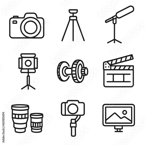 Filmmaking Equipment Icons. Line style icons of Filmmaking Equipment: digital camera, tripod, boom microphone, light stand, follow