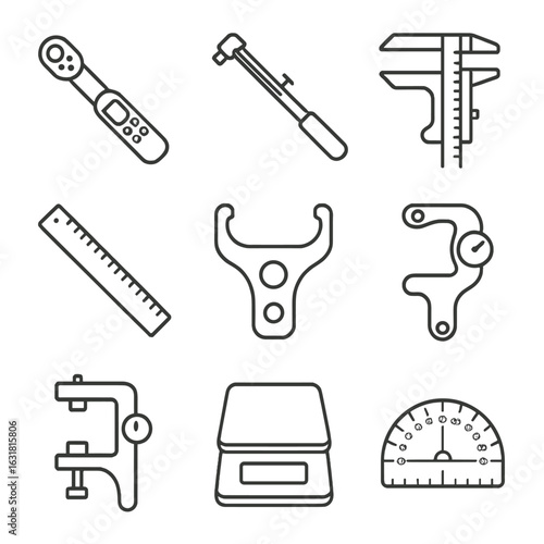 Tool Icons Layout. Line style icons of Torque and Measuring Tools: digital torque wrench, beam torque wrench, vernier caliper,