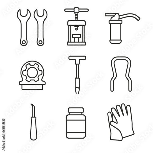 Hub Tools Icons. Line style icons of Hub Overhaul Tools: cone spanner set, hub bearing press, grease gun, freehub puller, dust cap