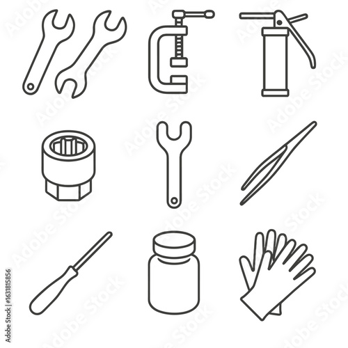 Hub Tools Icons. Line style icons of Hub Overhaul Tools: cone spanner set, hub bearing press, grease gun, freehub puller, dust cap