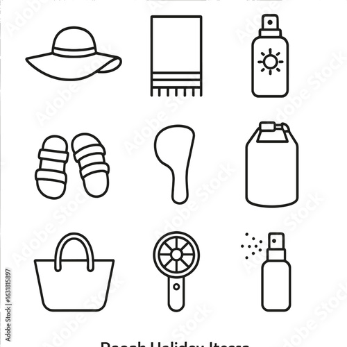 Beach Holiday Icons. Line style icons of Beach Holiday Items: wide-brim hat, beach towel, sunscreen spray, water sandals, sand