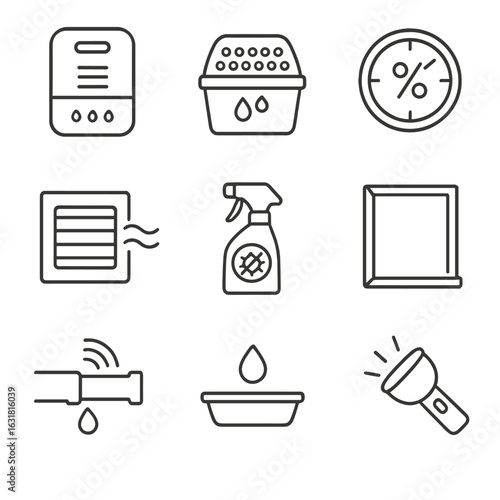 Moisture Prevention Icons. Line style icons of Moisture and Mold Prevention: dehumidifier, moisture absorber, hygrometer, exhaust