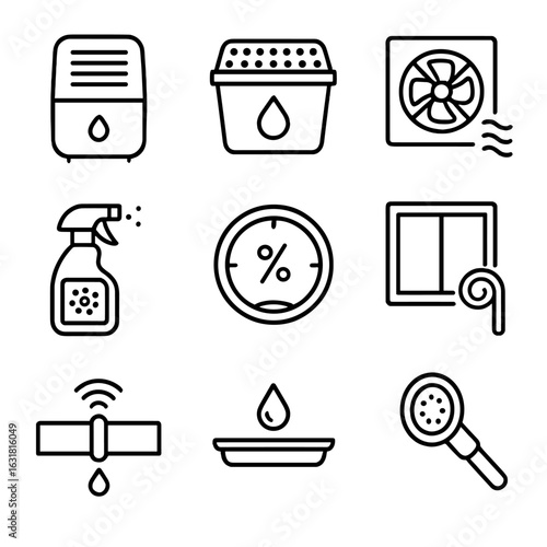 Moisture Prevention Icons. Line style icons of Moisture and Mold Prevention: dehumidifier, moisture absorber, hygrometer, exhaust