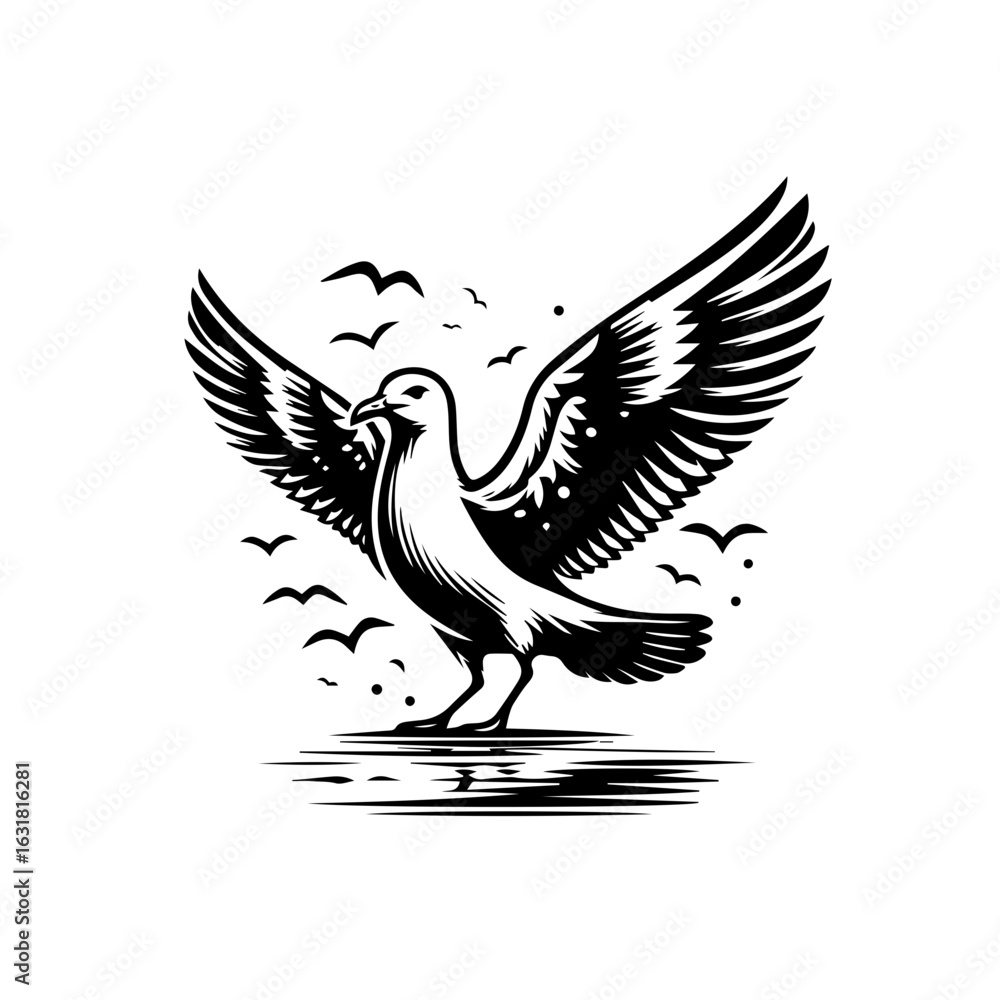 Obraz premium Vector art of seagull with open wings flying over the sea isolated on white background