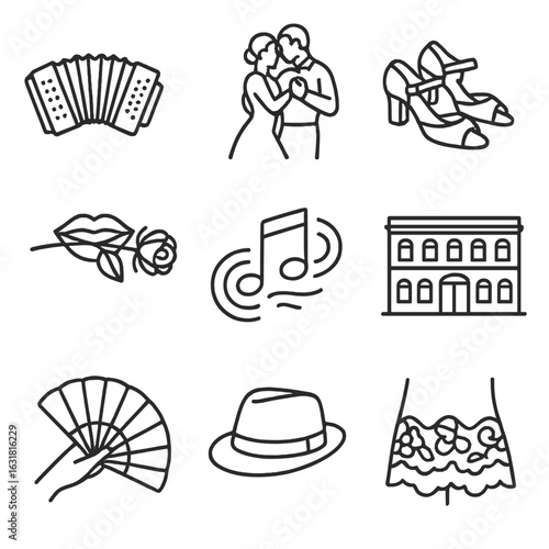 Tango Dance Icons. Line style icons of Tango Dance Culture: bandoneon, tango couple embrace, dancing shoes, rose in mouth, music
