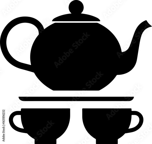Teapot with cups on a white porcelain set for tea and breakfast