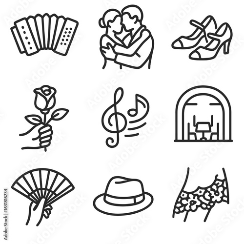 Tango Dance Icons. Line style icons of Tango Dance Culture: bandoneon, tango couple embrace, dancing shoes, rose in mouth, music