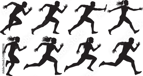 Athletes running in silhouette male female, running, athletes, male, female, track and field, relay race, baton, action, sport, competition, speed, movement, silhouette, black and white, dynamic, athl