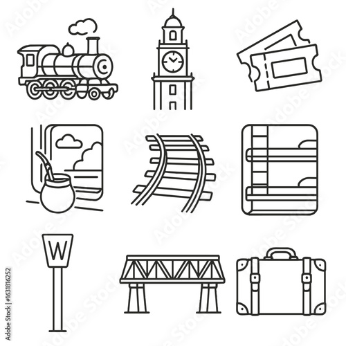 Argentine Railway Icons. Line style icons of Argentine Railway Journey: vintage locomotive, Retiro clock, train ticket, mate by