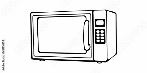 A simple black and white line drawing of a microwave oven with a keypad and door handle design