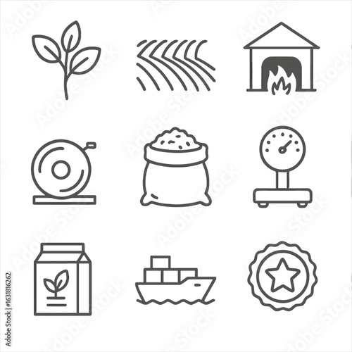 Yerba Mate Production Icons. Line style icons of Yerba Mate Production: yerba plant, plantation rows, drying barbacuá, grinding