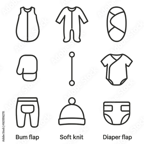 Baby Sleep Essentials Icons. Line style icons of Baby Sleep Basics: sleep sack, footed sleeper, swaddle wrap, fold-over mitten,