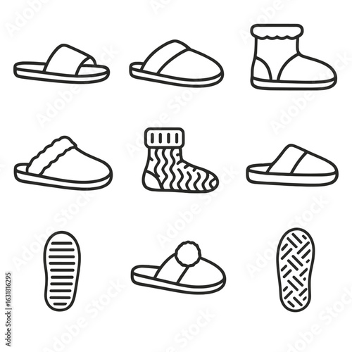 Slipper Icon Illustrations. Line style icons of Slipper Styles: open-toe slide, closed-toe mule, fleece bootie, shearling clog,