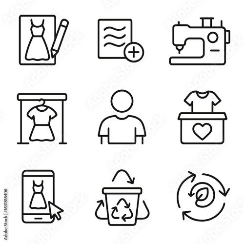 Circular Fashion Icons. Line style icons of Circular Fashion Lifecycle: design sketch, fabric sourcing, garment production, retail