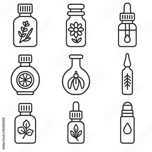 Aromatherapy Oil Icons. Line style icons of Aromatherapy Oils: lavender oil bottle, chamomile vial, sandalwood dropper, bergamot