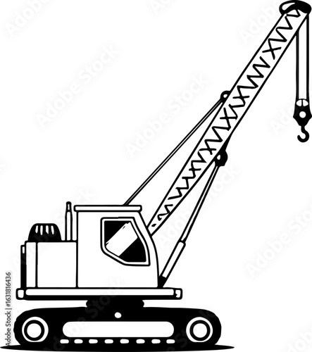 Construction crane lifting cargo at industrial site with clear blue sky silhouette