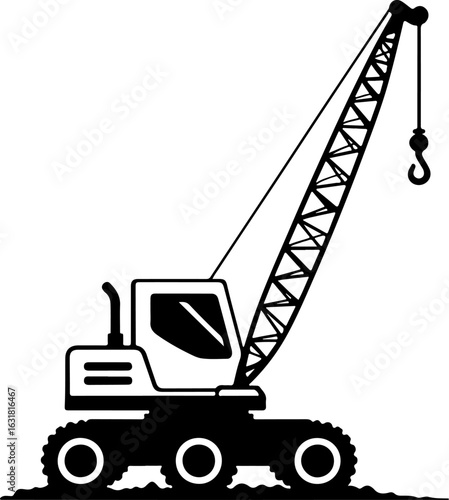 Construction crane lifting cargo at industrial site with clear blue sky silhouette