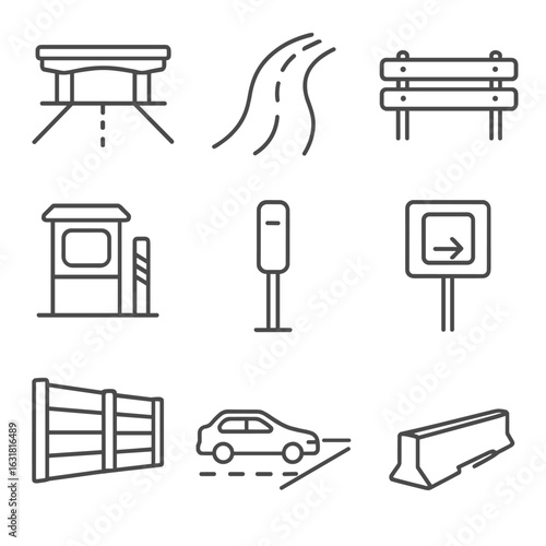 Highway Infrastructure Icons. Line style icons of Highway Infrastructure: overpass bridge, exit ramp, guardrail, toll booth, mile