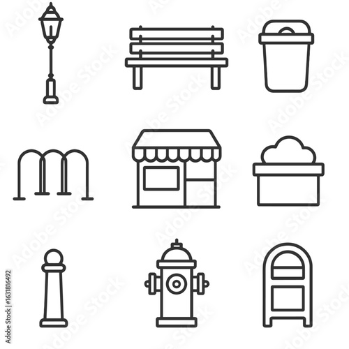 City Street Icons. Line style icons of City Street Furniture: lamp post, bench seat, trash bin, bike rack, newspaper kiosk,