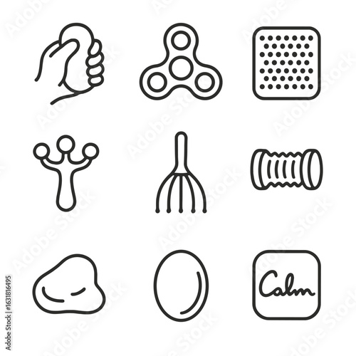 Stress Relief Gadgets Icons. Line style icons of Stress-Relief Gadgets: squishy stress ball, fidget spinner, acupressure mat,